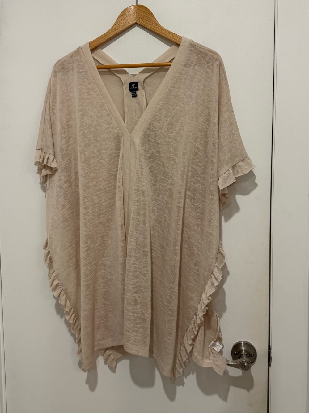 Echo New York Ruffle Trim Knit Poncho Top Beige One Size Boho one size
